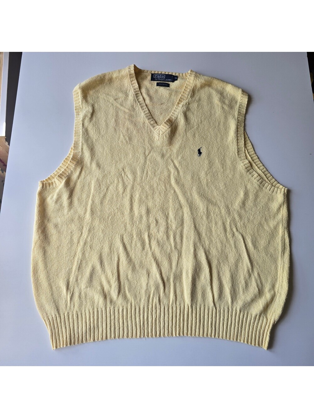 Vintage Polo Ralph Lauren Men's XL Yellow V-Neck Sweater Vest Cotton Knit Pony